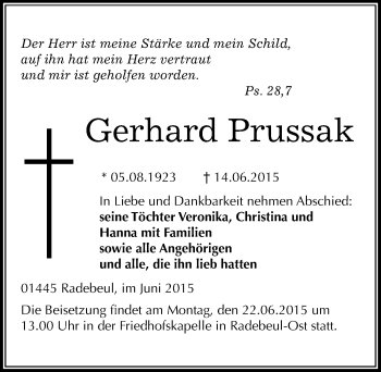 Traueranzeige von Gerhard Prussak von Mitteldeutsche Zeitung Mansfelder Land