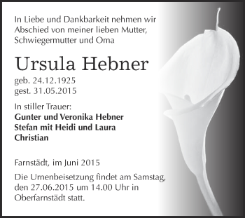 Traueranzeige von Ursula Hebner von WVG - Wochenspiegel Merseburg