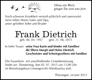 Traueranzeige von Frank Dietrich von Mitteldeutsche Zeitung Sangerhausen