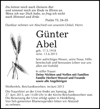 Traueranzeige von Günter Abel von Mitteldeutsche Zeitung Weißenfels