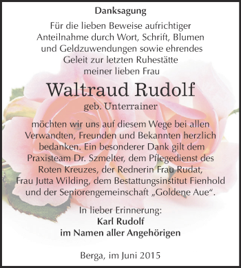 Traueranzeige von Waltraud Rudolf von Super Sonntag SGH Mansf. Land