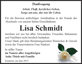 Traueranzeige von Lisa Schmidt von Super Sonntag Bernburg
