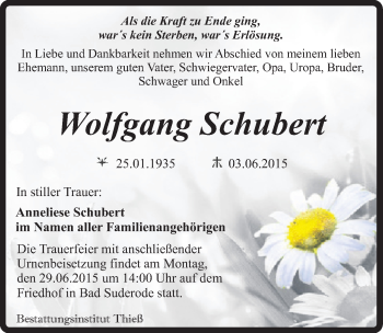 Traueranzeige von Wolfgang Schubert von Mitteldeutsche Zeitung Quedlinburg
