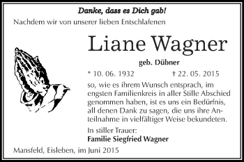 Traueranzeige von Liane Wagner von Wochenspiegel Mansfelder Land