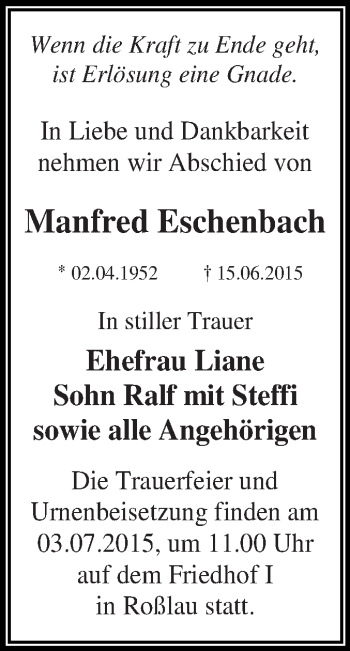 Traueranzeige von Manfred Eschenbach von WVG - Wochenspiegel Dessau / Köthen