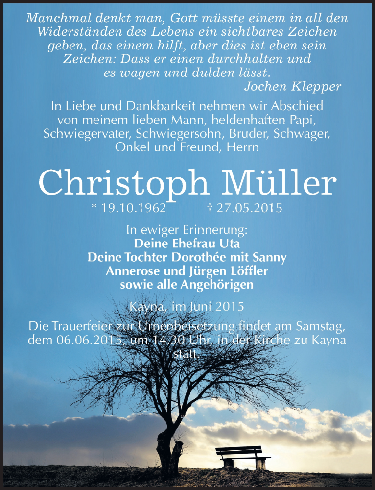 Traueranzeige für Christoph Müller vom 03.06.2015 aus Mitteldeutsche Zeitung Zeitz