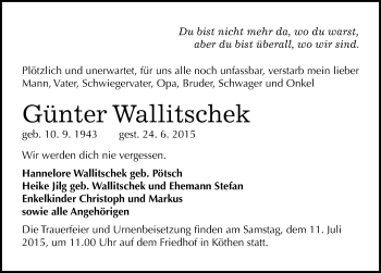 Traueranzeige von Günter Wallitschek von Mitteldeutsche Zeitung Köthen
