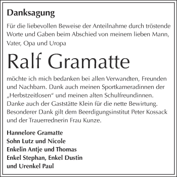 Traueranzeige von Ralf Gramatte von WVG - Wochenspiegel Dessau / Köthen