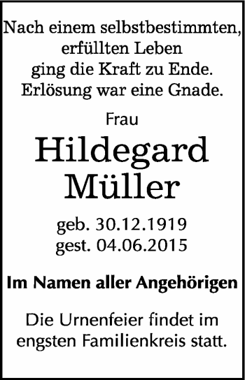 Traueranzeige von Hildegard Müller von Mitteldeutsche Zeitung Merseburg/Querfurt