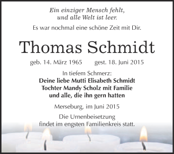 Traueranzeige von Thomas Schmidt von Super Sonntag Merseburg