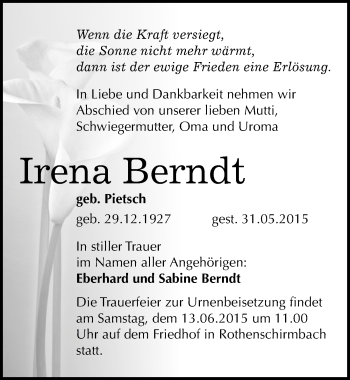 Traueranzeige von Irena Berndt von Mitteldeutsche Zeitung Mansfelder Land