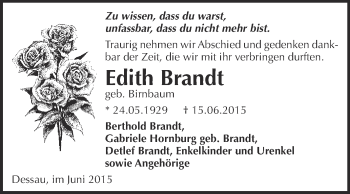 Traueranzeige von Edith Brandt von WVG - Wochenspiegel Dessau / Köthen