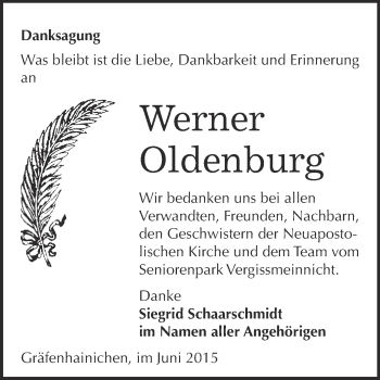 Traueranzeige von Werner Oldenburg von WVG - Wochenspiegel Wittenberg