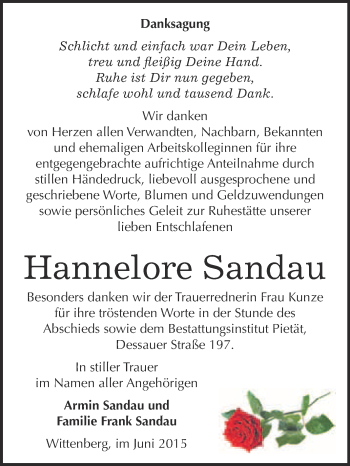 Traueranzeige von Hannelore Sandau von Super Sonntag Wittenberg