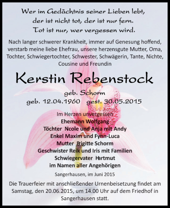 Traueranzeige von Kerstin Rebenstock von Super Sonntag SGH Mansf. Land