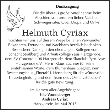 Traueranzeige von Helmuth Cyriax von Super Sonntag Quedlinburg