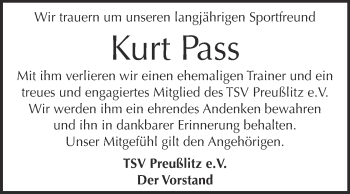 Traueranzeige von Kurt Pass von Super Sonntag Bernburg