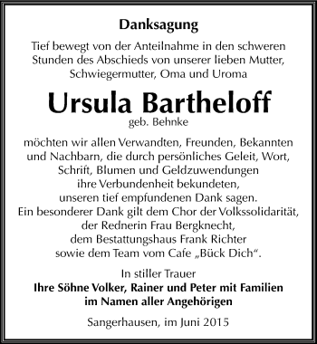 Traueranzeige von Ursula Bartheloff von Mitteldeutsche Zeitung Sangerhausen