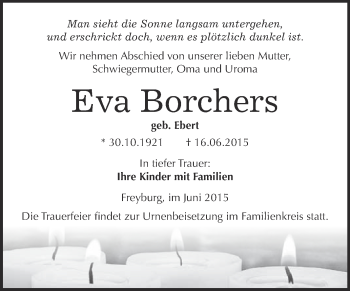 Traueranzeige von Eva Borchers von WVG - Wochenspiegel NMB / WSF / ZTZ