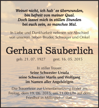 Traueranzeige von Gerhard Säuberlich von Mitteldeutsche Zeitung Naumburg/Nebra