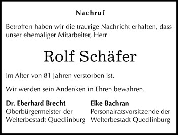 Traueranzeige von Rolf Schäfer von Mitteldeutsche Zeitung Quedlinburg