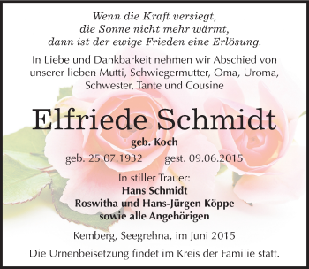 Traueranzeige von Elfriede Schmidt von Mitteldeutsche Zeitung Wittenberg