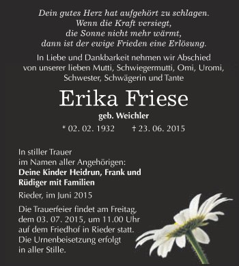 Traueranzeige von Erika Friese von WVG - Wochenspiegel Quedlinburg