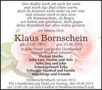 Traueranzeige von Klaus Bornschein von WVG - Wochenspiegel Merseburg