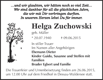 Traueranzeige von Helga Zuchowski von WVG - Wochenspiegel Dessau / Köthen
