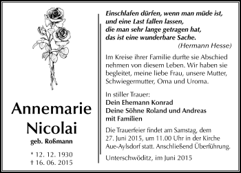 Traueranzeige von Annemarie Nicolai von Mitteldeutsche Zeitung Zeitz