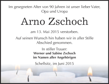 Traueranzeige von Arno Zschoch von WVG - Wochenspiegel NMB / WSF / ZTZ