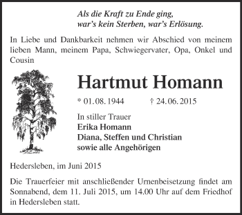 Traueranzeige von Hartmut Homann von WVG - Wochenspiegel Quedlinburg
