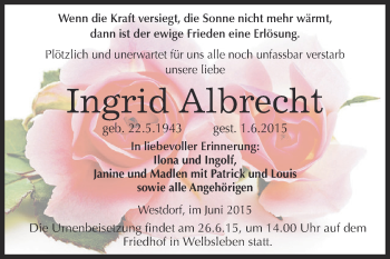 Traueranzeige von Ingrid Albrecht von Super Sonntag Aschersleben
