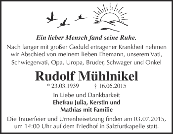 Traueranzeige von Rudolf Mühlnikel von WVG - Wochenspiegel Dessau / Köthen