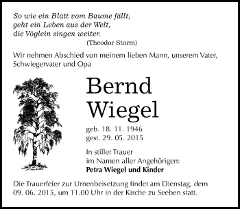Traueranzeige von Bernd Wiegel von Mitteldeutsche Zeitung Halle/Saalkreis