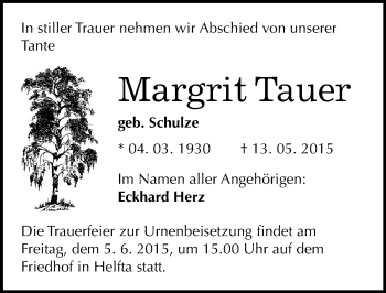 Traueranzeige von Margrit Tauer von Mitteldeutsche Zeitung Mansfelder Land