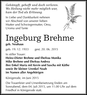 Traueranzeige von Ingeburg Brehme von Mitteldeutsche Zeitung Quedlinburg