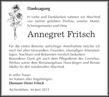 Traueranzeige von Annegret Fritsch von Super Sonntag Aschersleben