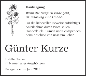 Traueranzeige von Günter Kurze von Super Sonntag Quedlinburg
