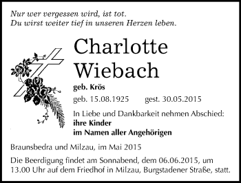 Traueranzeige von Charlotte Wiebach von Mitteldeutsche Zeitung Merseburg/Querfurt