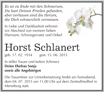 Traueranzeige von Horst Schlanert von WVG - Wochenspiegel Merseburg
