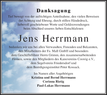 Traueranzeige von Jens Herrmann von WVG - Wochenspiegel Dessau / Köthen