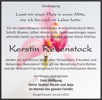 Traueranzeige von Kerstin Rebenstock von Mitteldeutsche Zeitung Sangerhausen