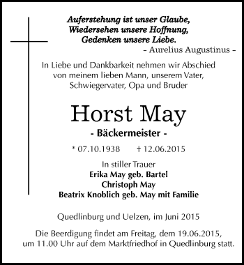 Traueranzeige von Horst May von Mitteldeutsche Zeitung Quedlinburg