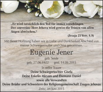 Traueranzeige von Eugenie Jener von Super Sonntag Zeitz