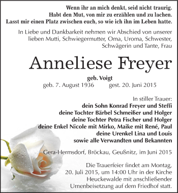 Traueranzeige von Anneliese Freyer von Mitteldeutsche Zeitung Zeitz