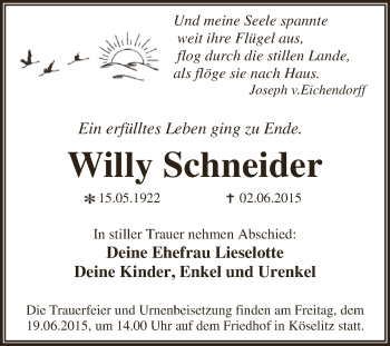 Traueranzeige von Willy Schneider von WVG - Wochenspiegel Dessau / Köthen