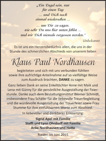 Traueranzeige von Klaus Paul Nordhausen von WVG - Wochenspiegel Quedlinburg
