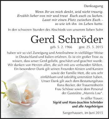 Traueranzeige von Gerd Schröder von Mitteldeutsche Zeitung Sangerhausen