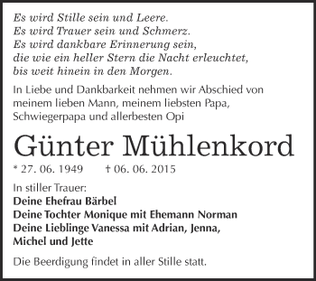 Traueranzeige von Günter Mühlenkord von Super Sonntag Wittenberg